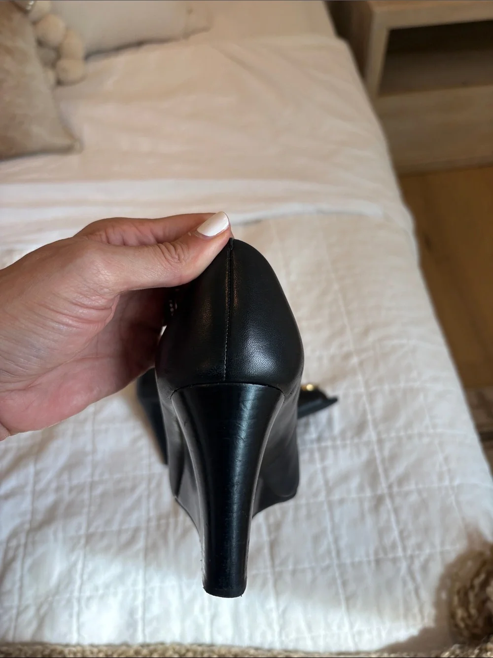 Tory Burch Black Peep-Toe Pumps with Gold Logo Medallion